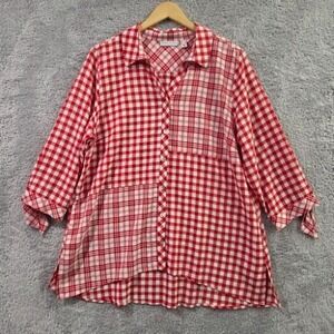 Susan Graver Tunic Gingham Plaid Button Up Red White Large 3/4 Tie Sleeve